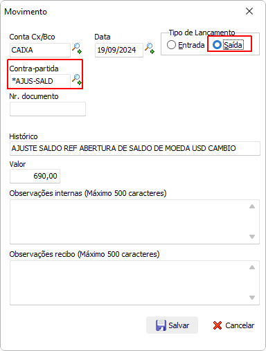 Imagem exemplificando o cadastro de ajuste de saldo da conta CAIXA/BANCO para o lançamento de abetura de saldo de moeda estrangeira