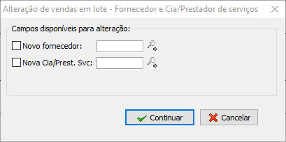 Tela para seleção do fornecedor/Cia Prestador de serviços para alteração nas vendas