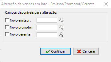 Tela para seleção do emissor/promotor/gerente para alteração nas vendas