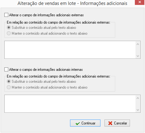 Alteração de informações adicionais de vendas em lote