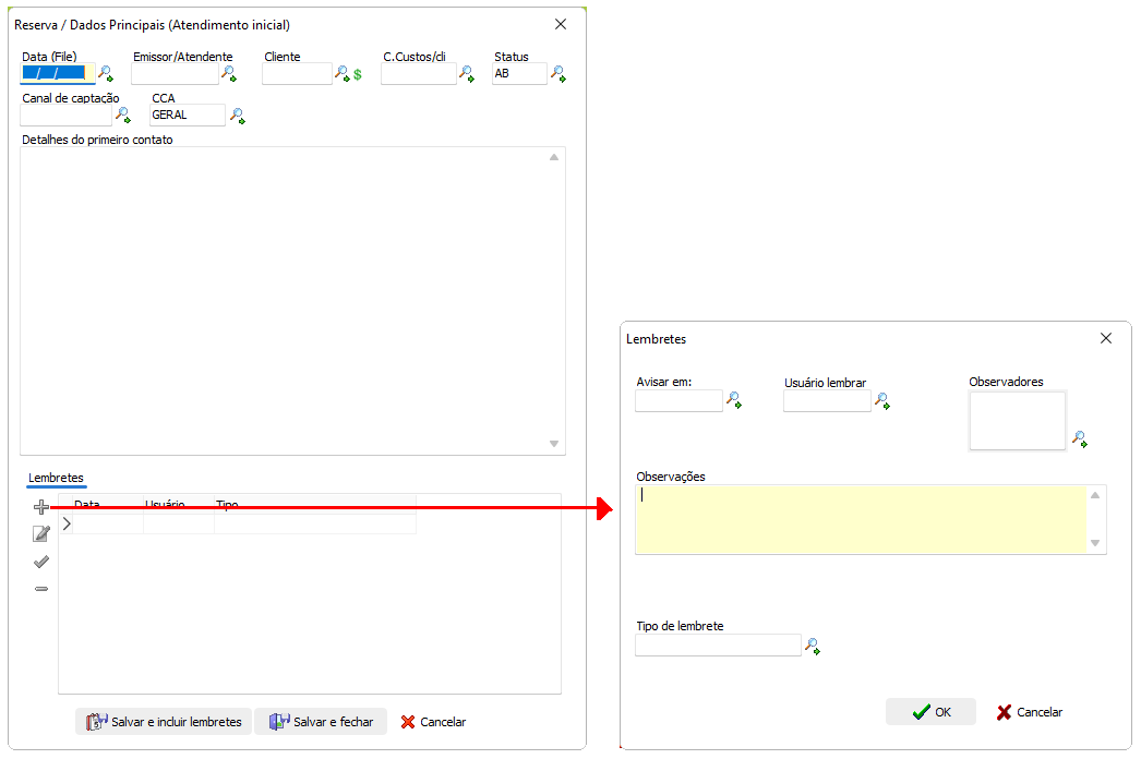 Campos do atendimento incial do CRM para registro do lead