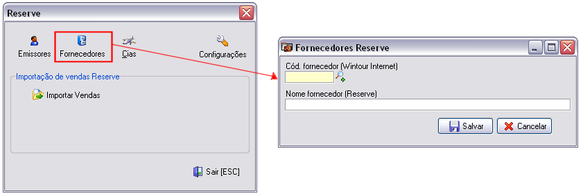 Tela de cadastro da associação do fornecedor do Wintour com o nome do fornecedor no Reserve