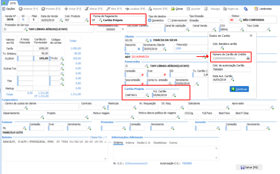 Prenchimento da forma de pagamento cartão próprio e código de autorização do cartão nas vendas