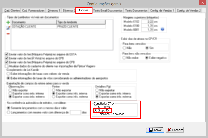 Configurações do conciliador Grupo TX