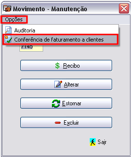 Imagem destacando o módulo de conferência de faturamento de clientes através de um lote de pagamento de vendas no Movimento