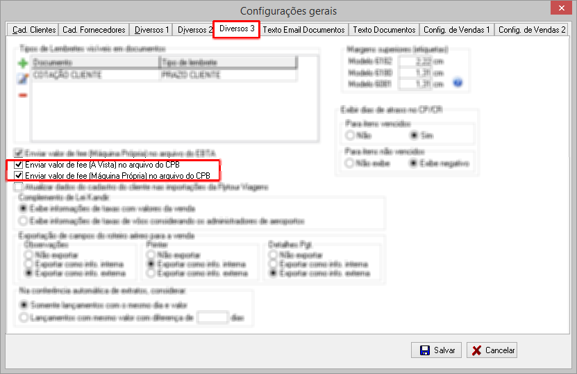 Configuração para enviar o valor de fee à vista e máquina própria no arquivo CPB