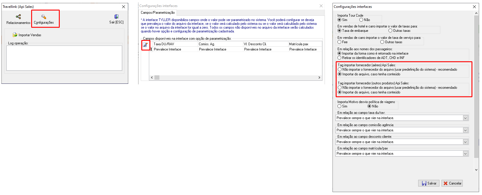 Exemplo do acesso das configurações de importação do fornecedor nas interfaces ApiSales