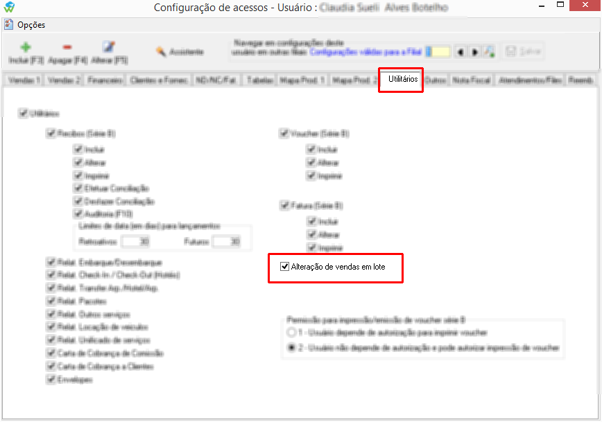 Configuração de acesso a alteração de vendas