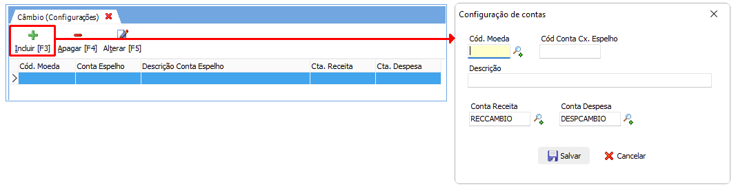 Acesso à tela para cadastro de moedas que serão utilizadas nas transações de compra e venda de câmbio