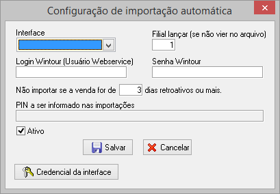 Tela para configuração de importação automática de interface