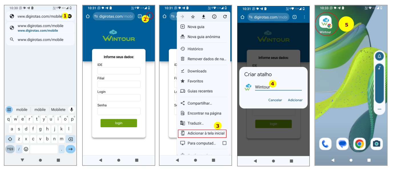 Imagens ilustrando os passos para criar o atalho do acesso Mobile Wintour na tela de um smartphone Android da marca Motorola.