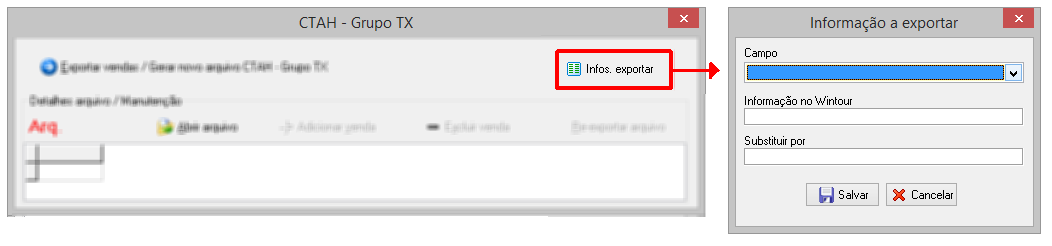 Configuração de informações a exportar no arquivo CTAH layout Grupo TX