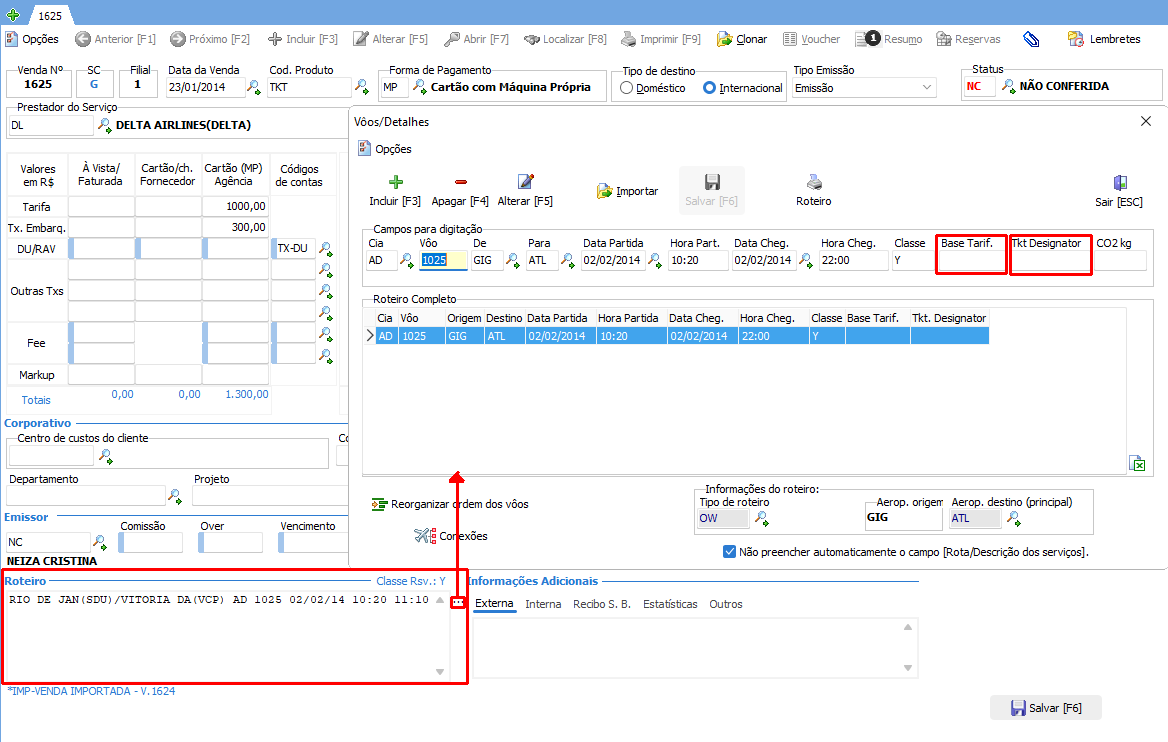 Preenchimento das informações [Base Tarifária] e [Ticket Designator] na venda do Wintour