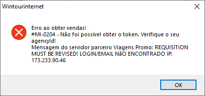 Exemplo de mensagem de erro de agencyid não autorizado ocorrido na ViagensPromo