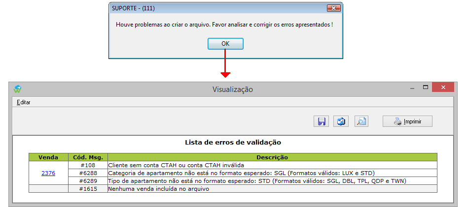 Mensagem de problemas encontrados na emissão do CTAH.