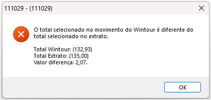 Mensagem de erro exibida quando há divergência entre o valor do Wintour e o extrato