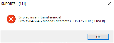 Mensagem de erro exibida ao transferir valores entre contas diferentes