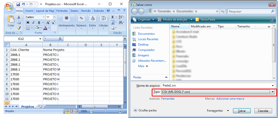 Exemplo de como criar o arquivo contendo os projetos dos clientes para importar para o Wintour