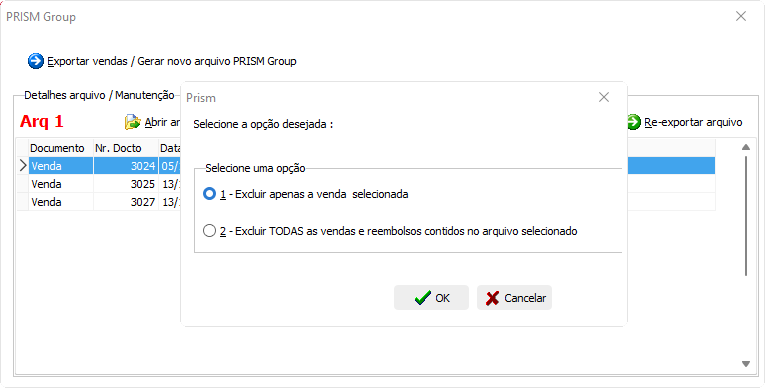 Exclusão de vendas Prism