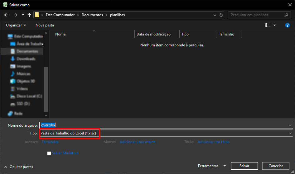 Imagem exemplificando o tipo de extensão que a planilha deve ser salva