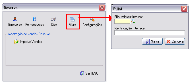 Relacionamento das filiais da agência configuradas no Wintour e as filiais do Reserve