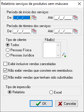 Filtros para exibir relatório de Outros Serviços sem máscara