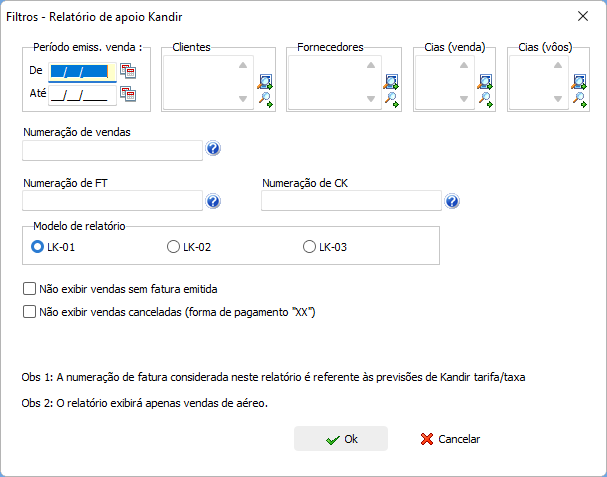 Filtros disponíveis para geração do relatório Lk01