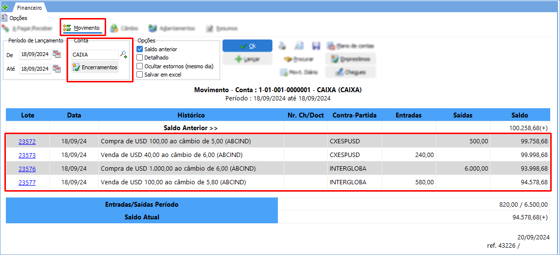 Relatório de movimento da conta Caixa Geral