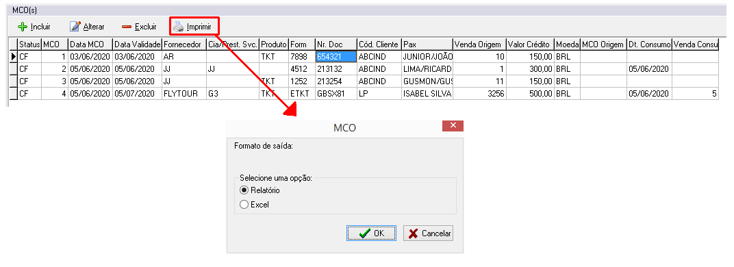 Opções para impressão do resultado da pesquisa de MCO em relatório