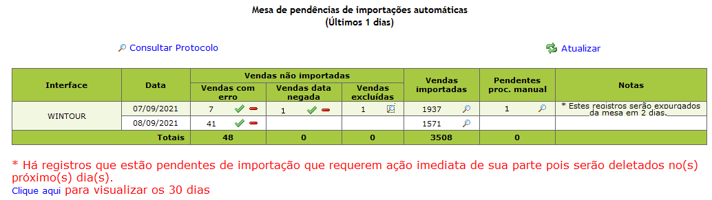 Tela para configuração de importação automática de interface