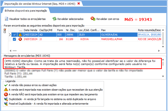 Mensagem de alerta exibida nas intefaces que possuírem configuração de importação de vendas de reemissão bilhete aéreo