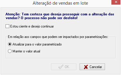 Mensagem de confirmação para alterar venda em lote