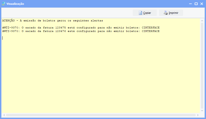 Mensagem de alerta sacado não emitir boleto