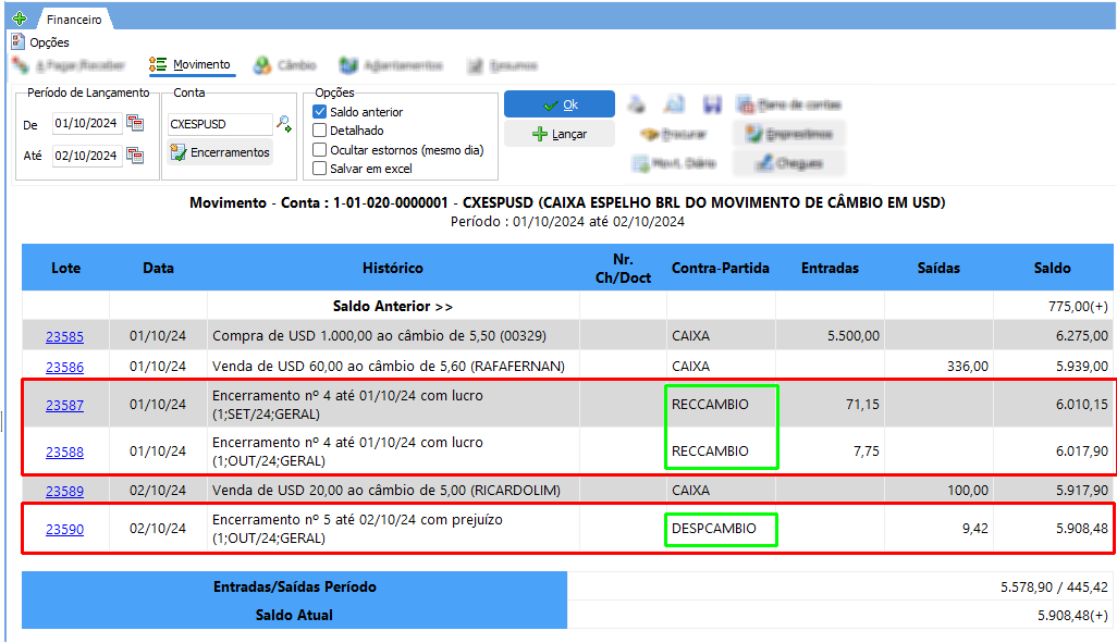 Relatório de movimento da conta espelho