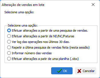 Tela com a seleção de opções para alteração de vendas em lote