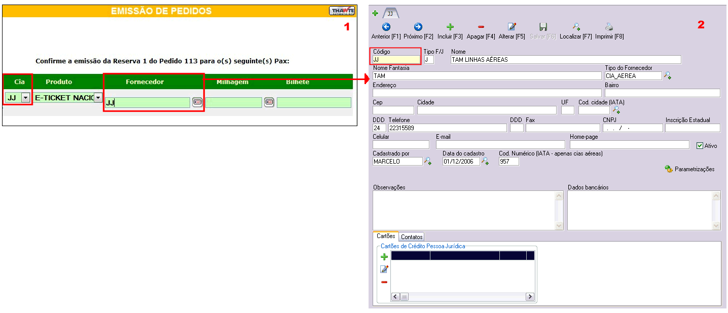 Tela de emissão de bilhete na versão 2 do Reserve destacando o campo Fornecedor (1), onde pode ser digitado o código do fornecedor cadastrado no Wintour conforme imagem 2