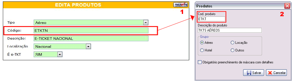 Tela destacando o campo Código na versão 2 do cadastro de Produtos no Reserve (1) Tela de cadastro de produtos no Wintour (2)