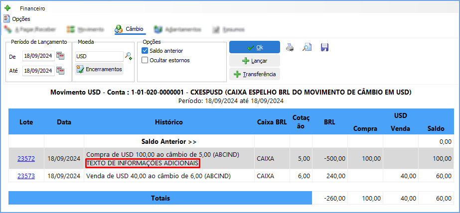 Relatório dos lançamentos de compra e venda de moedas