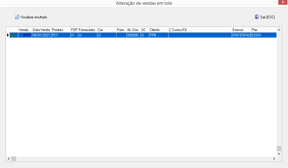 Resultado alteração das vendas em lote