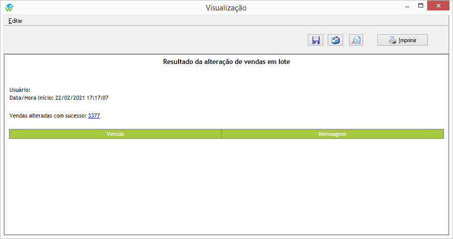 Resultado alteração das vendas em lote