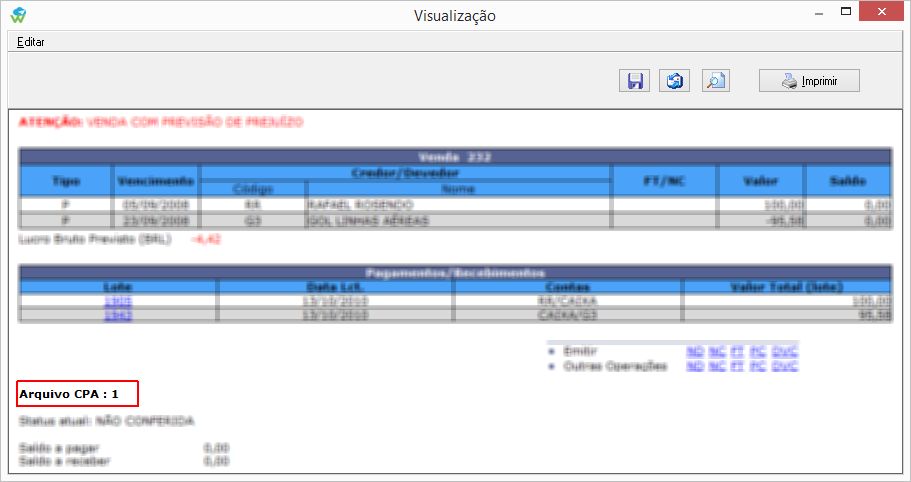Número do arquvo CPA exibido através do resumo da venda.