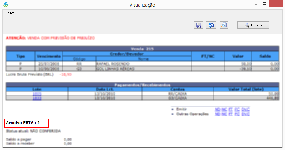 Número do arquvo EBTA exibido através do resumo da venda.