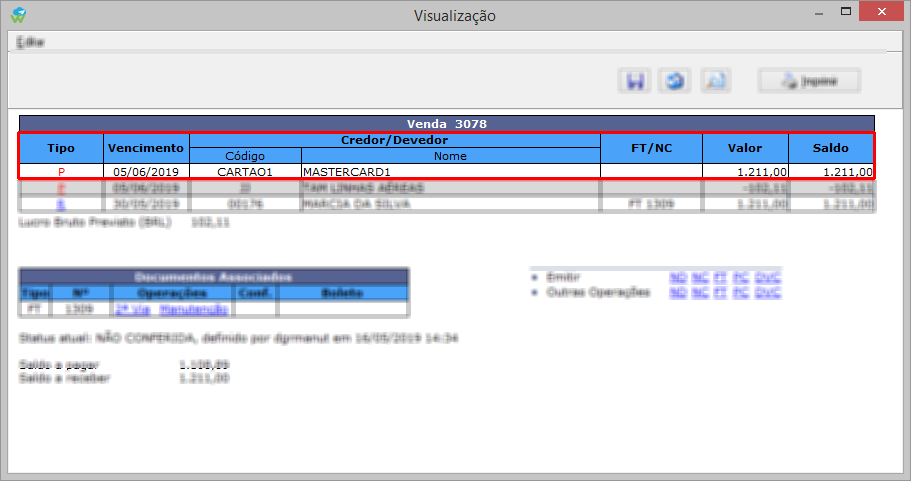 Imagem destacando o valor e o saldo através do Resumo financeiro de vendas cartão CP
