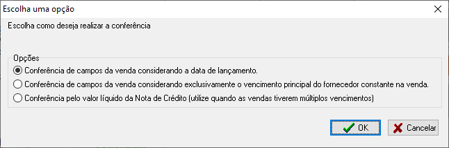 Opções da interface de conferência de vendas