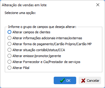 Seleção de fatura para alteração das vendas em lote