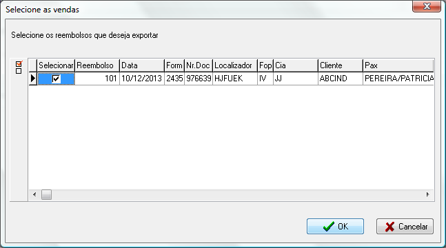 Seleção de reembolsos para exportação para o arquivo PRISM