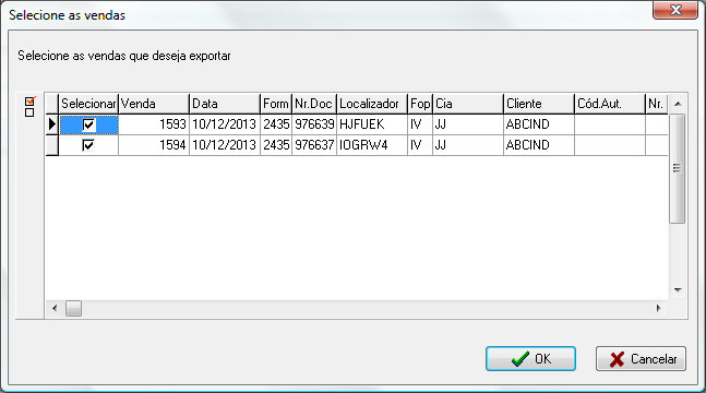 Seleção de vendas para exportação para arquivo PRISM