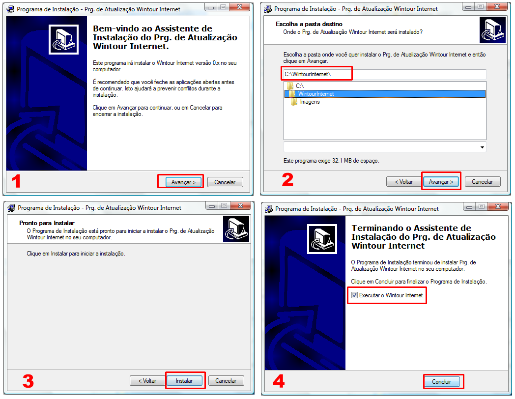 Telas sequenciais do Assistente de Instalação do Wintour Internet