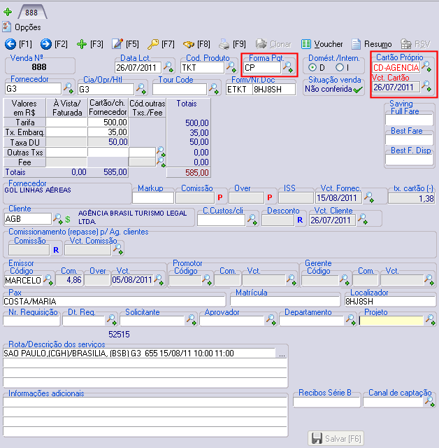 Cadastro de venda com cartão CPA sendo da própria agência